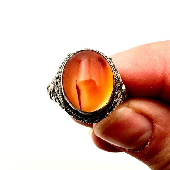 Vintage Chinese Export Carnelian Sterling Silver Filigree Adjust Ring Set at 7 - Picture 4 of 7